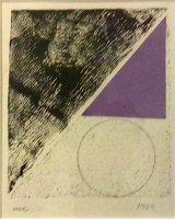 Artist Michael Canney: Abstract with sphere and purple triangle, 1980